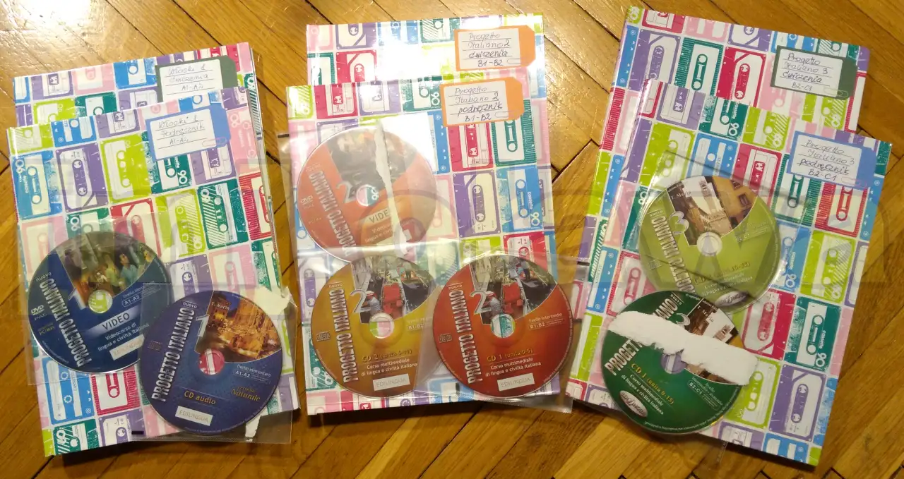 zestaw do nauki włoskiego nuovo progetto italiano 1 2 3 książki ćwiczenia CD DVD + gratisy